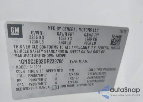 2013 Chevrolet Suburban 1500 Lt z USA, uszkodzony, nr VIN 1GNSCJE02DR239766